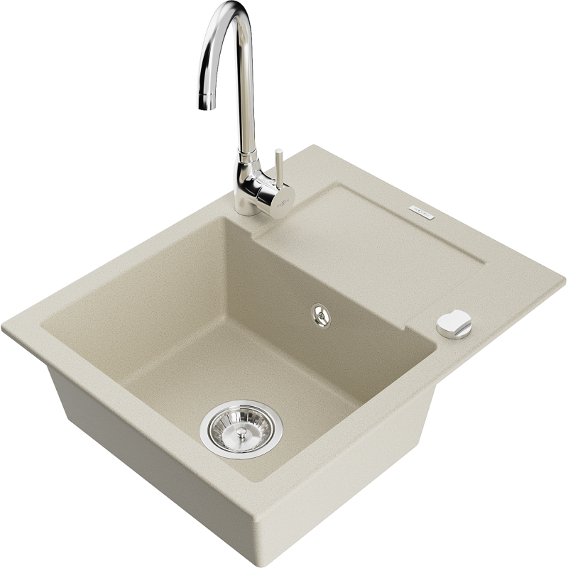 Mexen Enzo fregadero de granito de 1 cubeta con escurridor y grifo de cocina Telma, beige - 6506-69-670200-00