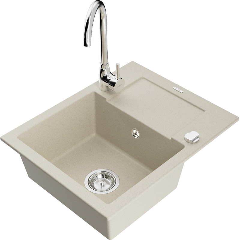 Mexen Enzo fregadero de granito de 1 seno con escurridor y grifo de cocina Telma, beige - 6506-69-670200-00