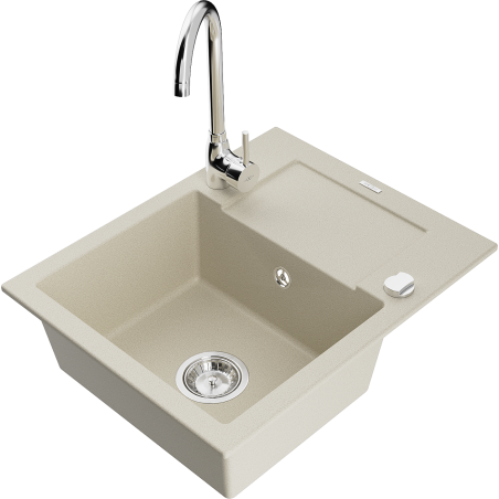 Mexen Enzo granieten spoelbak 1-komerig met afdruiprek en keukenkraan Telma, beige - 6506-69-670200-00