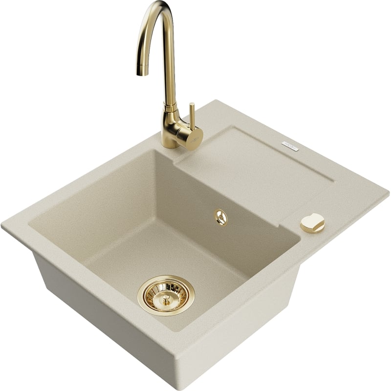 Mexen Enzo évier en granit 1 bac avec égouttoir et robinet de cuisine Telma, beige - 6506-69-670200-50