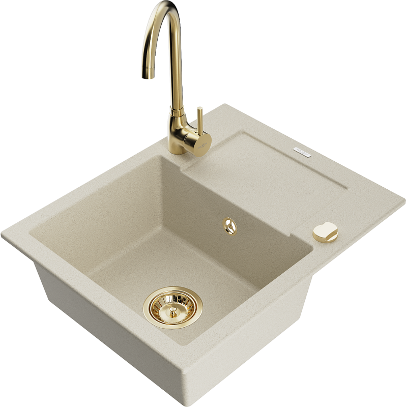 Mexen Enzo fregadero de granito de 1 cubeta con escurridor y grifo de cocina Telma, beige - 6506-69-670200-50