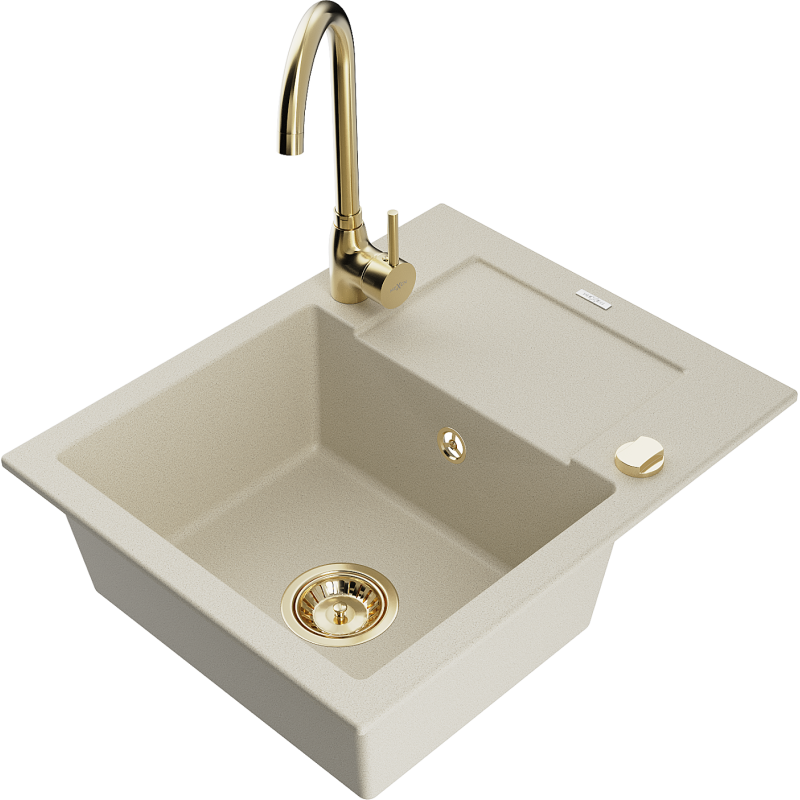 Mexen Enzo one-bowl granite sink with drainer and Telma kitchen tap, beige - 6506-69-670200-50