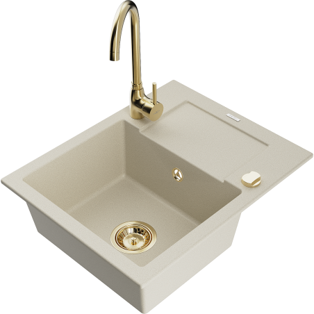 Mexen Enzo évier en granit à 1 bac avec égouttoir et robinet de cuisine Telma, beige - 6506-69-670200-50