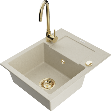 Mexen Enzo granieten spoelbak 1-kom met afdruiprek en keukenkraan Telma, beige - 6506-69-670200-50