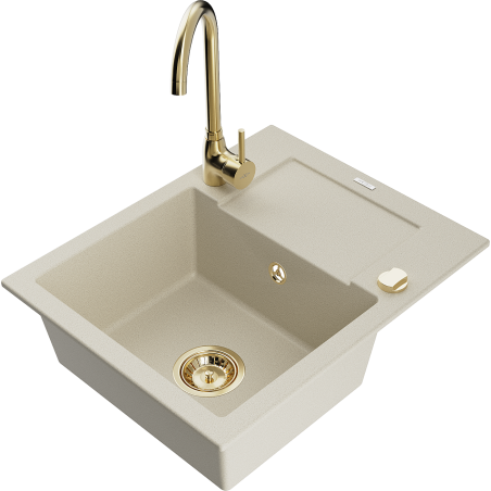 Mexen Enzo Granitspüle 1-Becken mit Abtropffläche und Küchenarmatur Telma, beige - 6506-69-670200-50