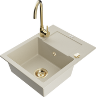 Mexen Enzo granite kitchen sink, 1-bowl with drainer and Telma kitchen faucet, beige - 6506-69-670200-50