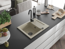 Mexen Enzo granite kitchen sink 1-bowl with drainer and Telma kitchen faucet, beige - 6506-69-670200-70
