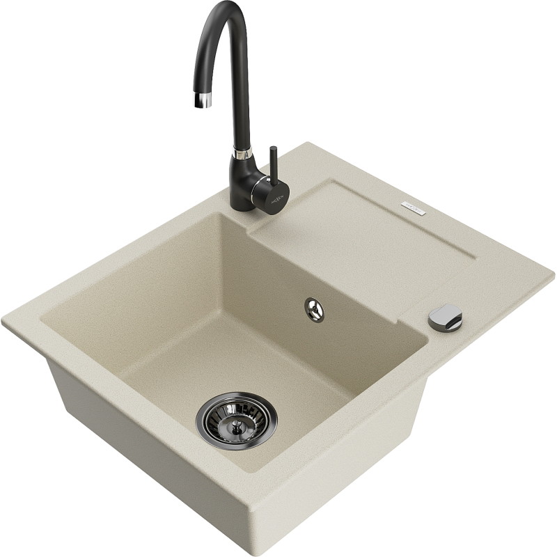 Mexen Enzo lavello in granito a 1 vasca con sgocciolatoio e rubinetto da cucina Telma, beige - 6506-69-670200-70