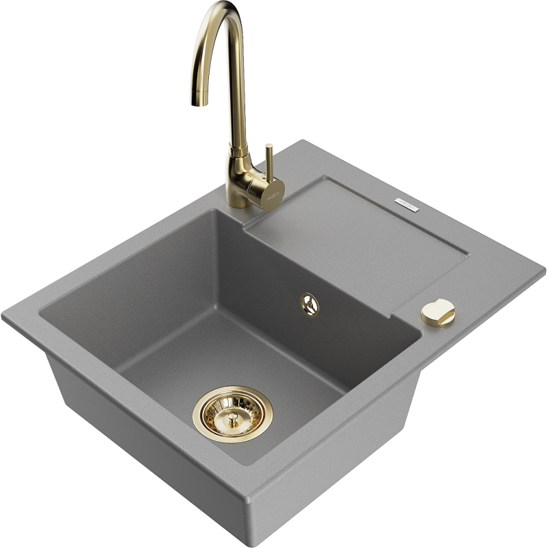 Mexen Enzo yksi-kulmainen graniittinen pesuallas valutustelineellä ja Telma-keittiöhanalla, harmaa - 6506-71-670200-50