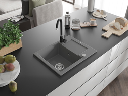 Mexen Enzo granite sink 1-compartment with drainer and Telma kitchen tap, grey - 6506-71-670200-70