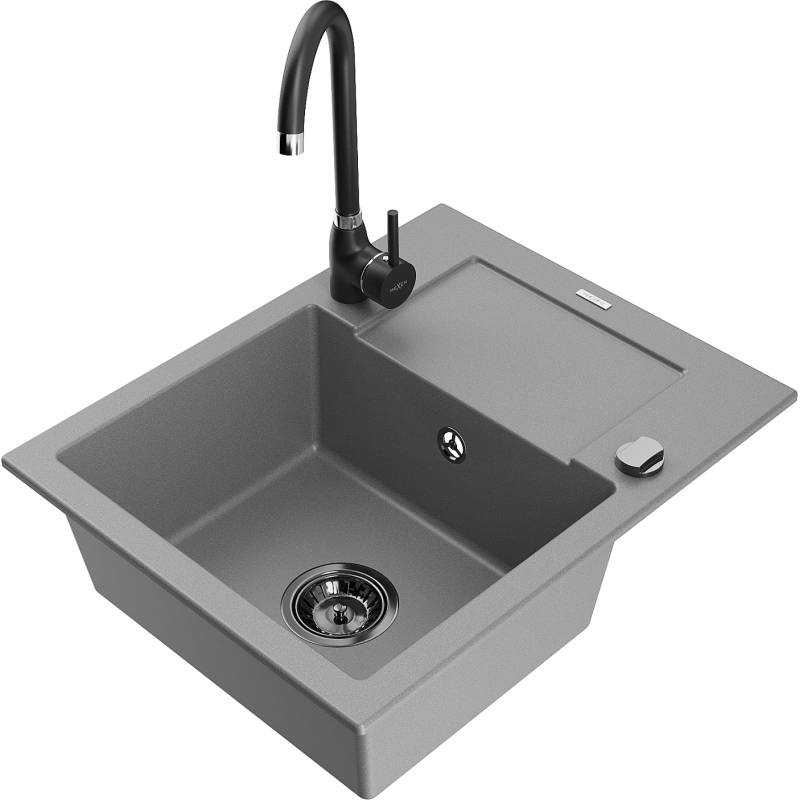 Mexen Enzo 1-bowl granite sink with drainer and Telma kitchen tap, grey - 6506-71-670200-70-B