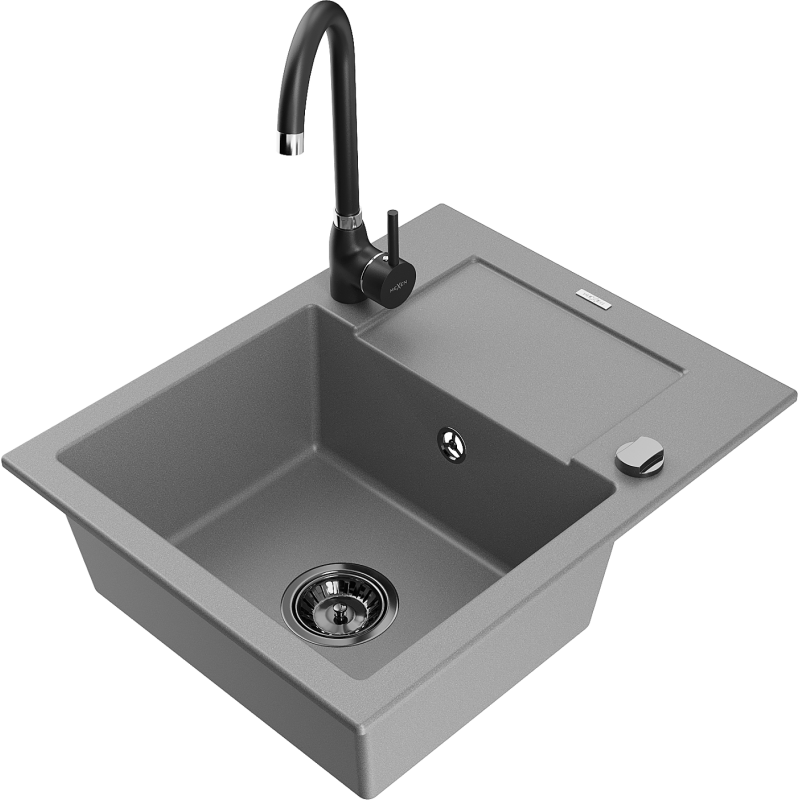 Mexen Enzo fregadero de granito de 1 cubeta con escurridor y grifo de cocina Telma, gris - 6506-71-670200-70-B