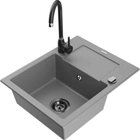 Mexen Enzo 1-bowl granite sink with drainer and Telma kitchen tap, grey - 6506-71-670200-70-B