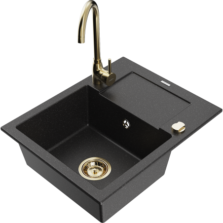 Mexen Enzo 1-bowl granite sink with drainer and Telma kitchen tap, black/silver - 6506-73-670200-50