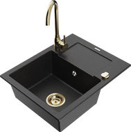 Mexen Enzo fregadero de granito de 1 seno con escurridor y grifo de cocina Telma, negro/plata - 6506-73-670200-50