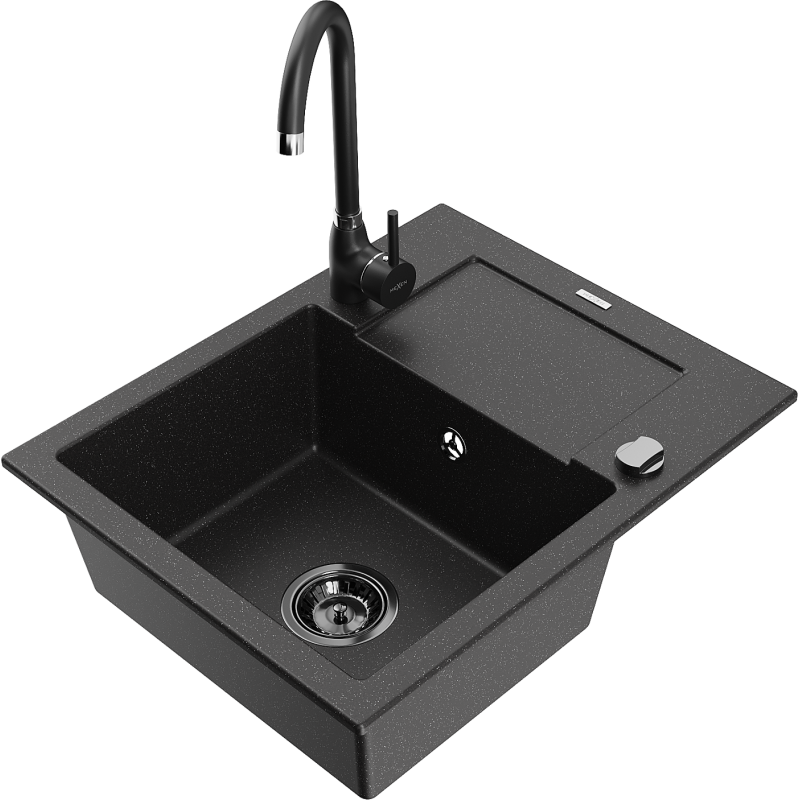 Mexen Enzo 1-kamer granieten spoelbak met afdruiprek en Telma keukenkraan, zwart/zilver - 6506-73-670200-70-B