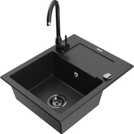Mexen Enzo fregadero de granito de 1 cubeta con escurridor y grifo de cocina Telma, negro/plata - 6506-73-670200-70-B