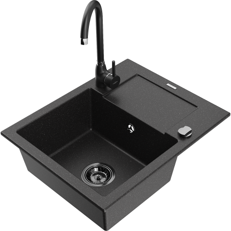 Mexen Enzo granite kitchen sink 1-bowl with drainer and Telma kitchen faucet, black/silver - 6506-73-670200-70-B