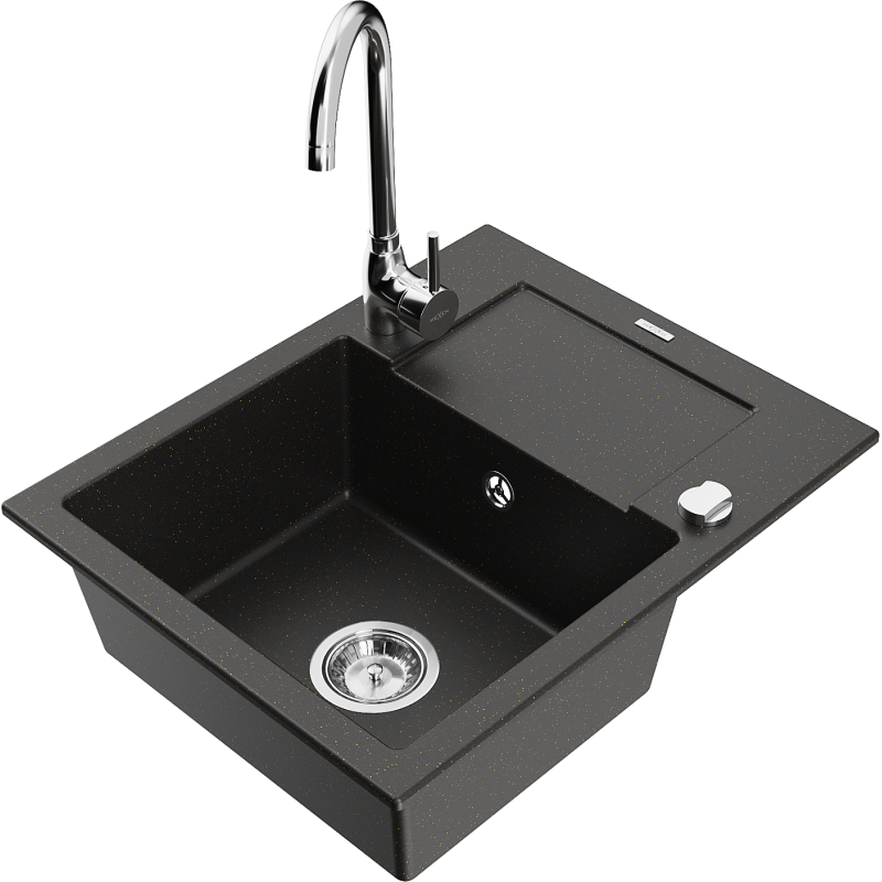 Mexen Enzo graniittinen 1-allasinen tiskiallas valutustasolla ja Telma-keittiöhana, musta/kultainen - 6506-75-670200-00