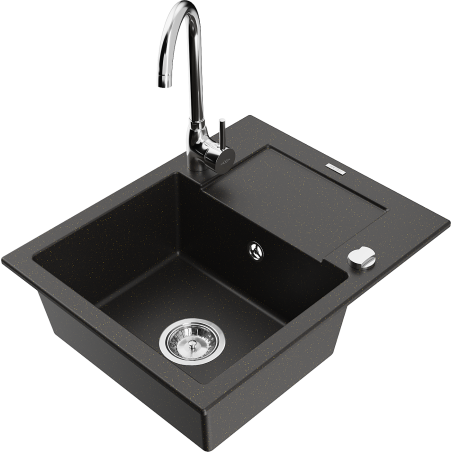 Mexen Enzo granite 1-bowl sink with drainer and Telma kitchen faucet, black/gold - 6506-75-670200-00