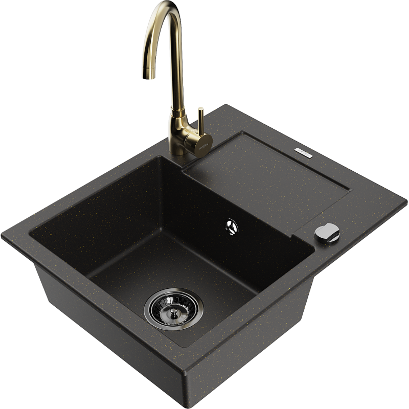 Mexen Enzo fregadero de granito de 1 compartimento con escurridor y grifo de cocina Telma, negro/dorado - 6506-75-670200-50-B