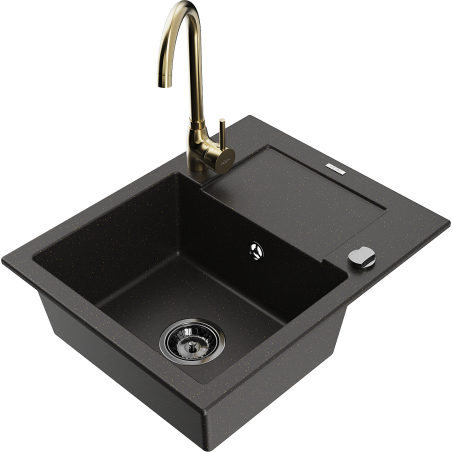 Mexen Enzo fregadero de granito de 1 compartimento con escurridor y grifo de cocina Telma, negro/dorado - 6506-75-670200-50-B