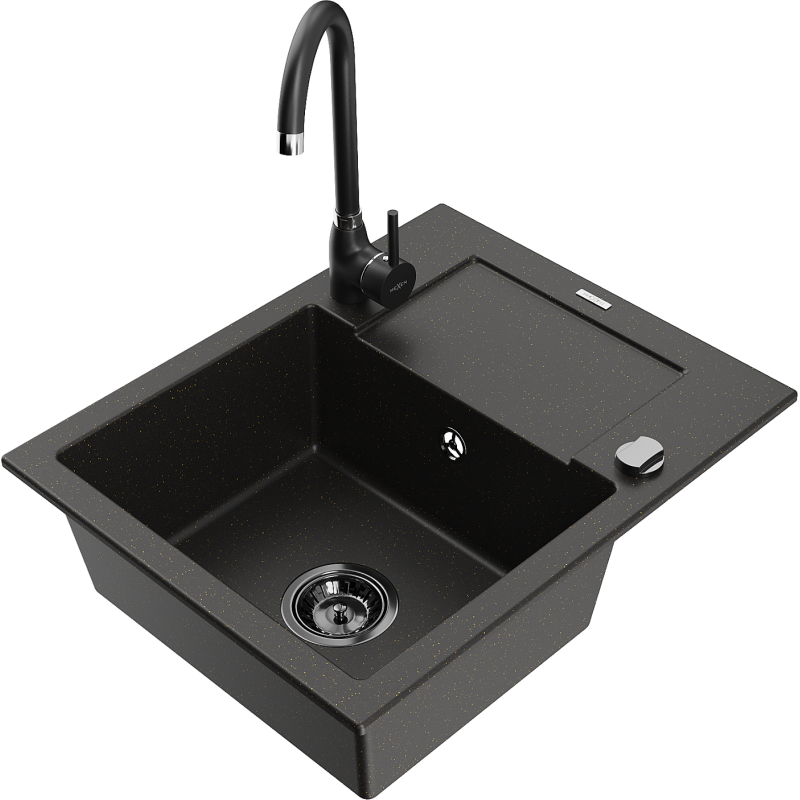 Mexen Enzo fregadero de granito de 1 seno con escurridor y grifo de cocina Telma, negro/dorado - 6506-75-670200-70-B