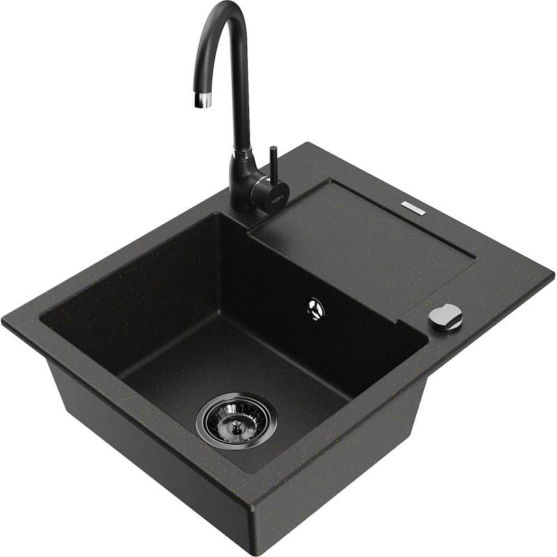 Mexen Enzo lava-loiça de granito de 1 cuba com escorredor e torneira de cozinha Telma, preto/dourado - 6506-75-670200-70-B