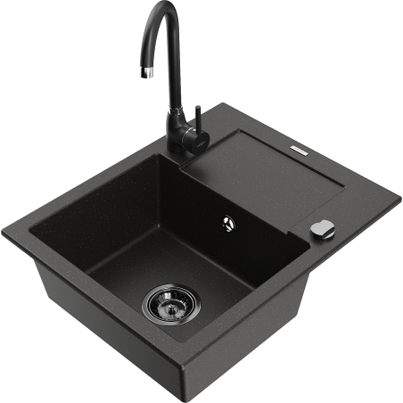 Mexen Enzo granite sink 1-bowl with drainer and Telma kitchen tap, black/gold - 6506-75-670200-70-B