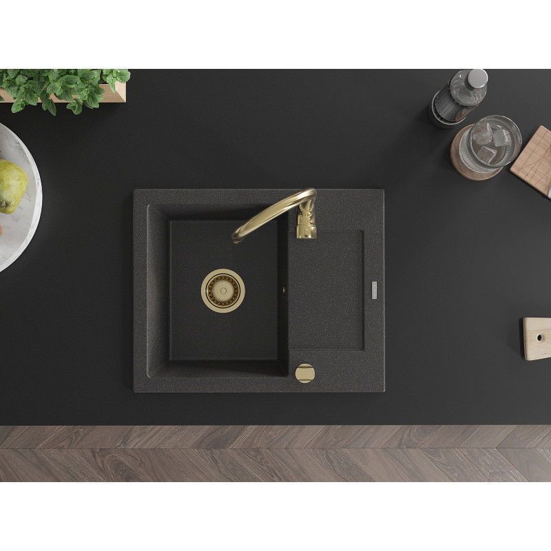 Mexen Enzo granite sink 1-bowl with drainer and Telma kitchen tap, black speckled - 6506-76-670200-50
