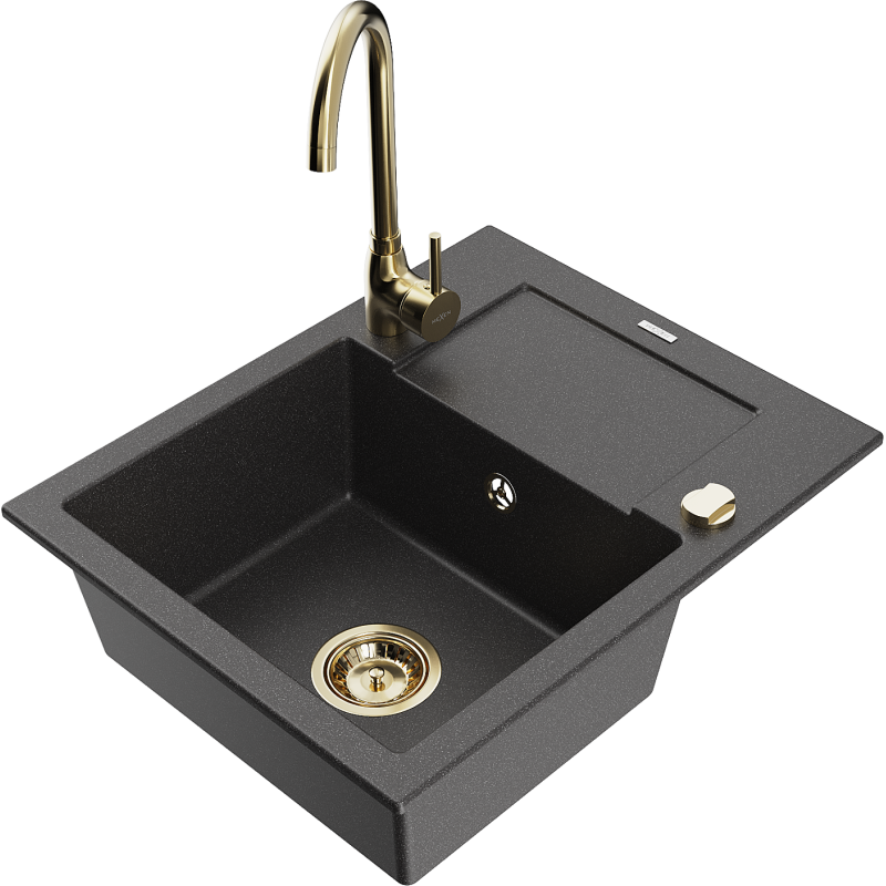 Mexen Enzo fregadero de granito de 1 compartimento con escurridor y grifo de cocina Telma, negro moteado - 6506-76-670200-50