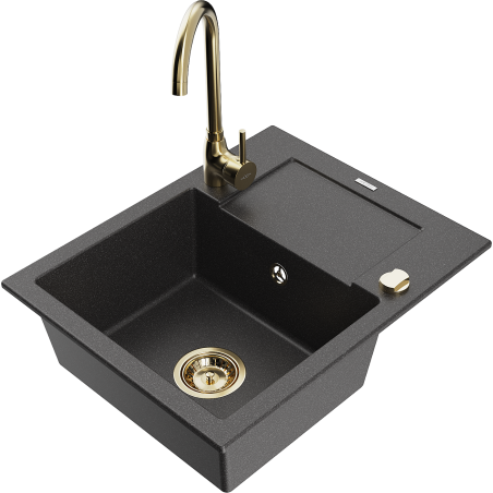 Mexen Enzo fregadero de granito de 1 compartimiento con escurridor y grifo de cocina Telma, negro moteado - 6506-76-670200-50