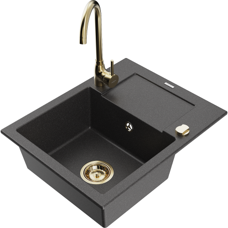 Mexen Enzo lavello in granito a 1 vasca con scolapiatti e rubinetto da cucina Telma, nero maculato - 6506-76-670200-50