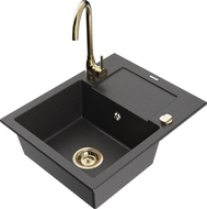 Mexen Enzo granite single-bowl sink with drainer and Telma kitchen faucet, speckled black - 6506-76-670200-50