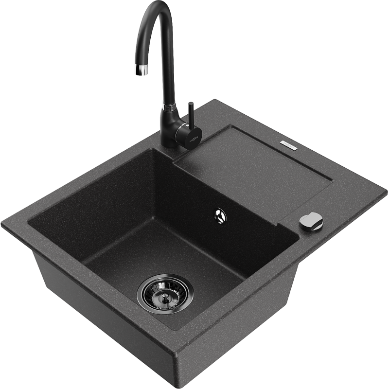 Mexen Enzo fregadero de granito de 1 seno con escurridor y grifo de cocina Telma, negro moteado - 6506-76-670200-70-B