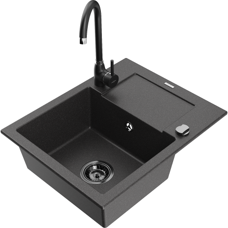 Mexen Enzo fregadero de granito de 1 seno con escurridor y grifo de cocina Telma, negro moteado - 6506-76-670200-70-B