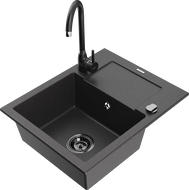 Mexen Enzo granite 1-bowl sink with drainer and Telma kitchen tap, speckled black - 6506-76-670200-70-B