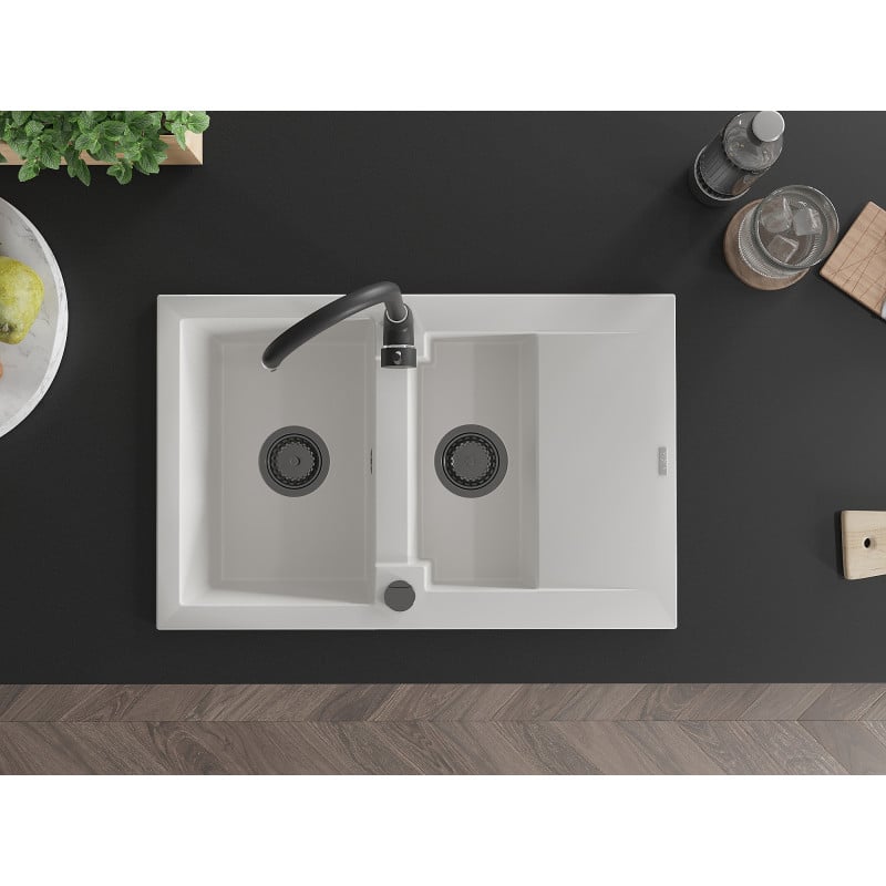 Mexen Gaspar fregadero de granito 1,5 senos con escurridor y grifo de cocina Telma, blanco - 6507-20-670200-70