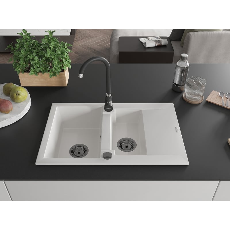 Mexen Gaspar granite sink 1.5-basin with drainer and Telma kitchen faucet, white - 6507-20-670200-70
