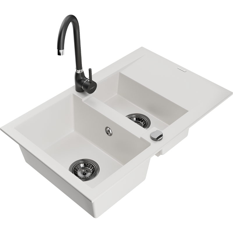 Mexen Gaspar fregadero de granito 1,5 senos con escurridor y grifo de cocina Telma, blanco - 6507-20-670200-70