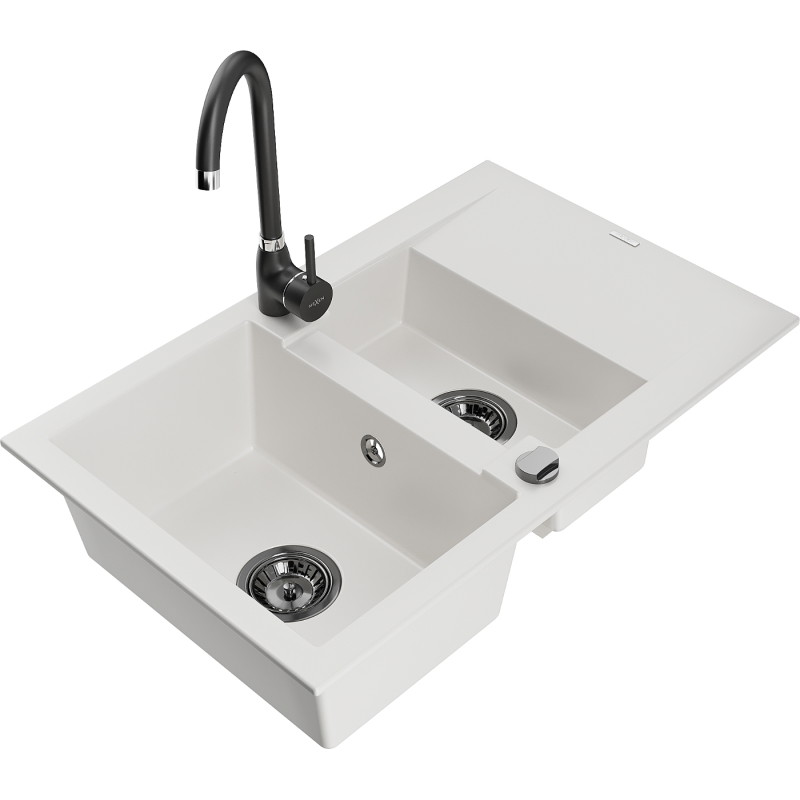 Mexen Gaspar fregadero de granito de 1,5 senos con escurridor y grifo de cocina Telma, blanco - 6507-20-670200-70