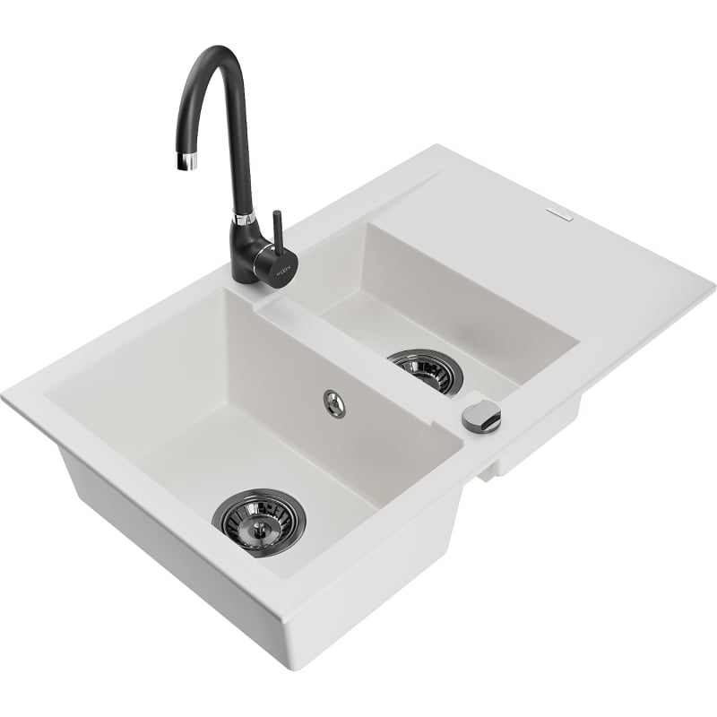 Mexen Gaspar granite sink 1.5-basin with drainer and Telma kitchen faucet, white - 6507-20-670200-70