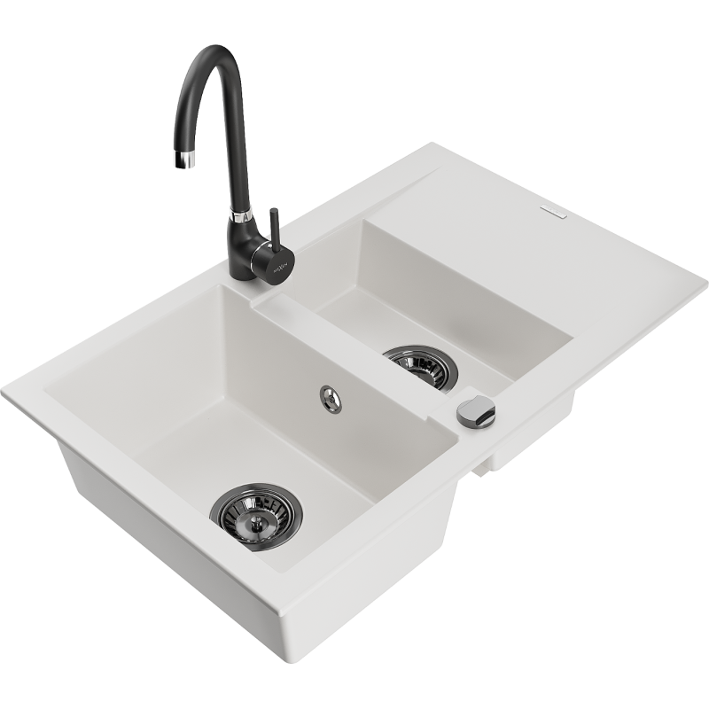 Mexen Gaspar granite sink 1.5-bowl with drainer and Telma kitchen tap, white - 6507-20-670200-70