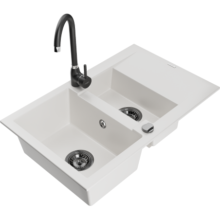 Mexen Gaspar fregadero de granito de 1,5 senos con escurridor y grifo de cocina Telma, blanco - 6507-20-670200-70