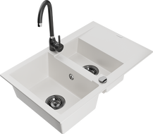 Mexen Gaspar granite sink 1.5-basin with drainer and Telma kitchen faucet, white - 6507-20-670200-70