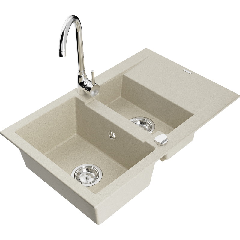 Mexen Gaspar granitische gootsteen met 1,5 kamers, afdruiprek en keukenmengkraan Telma, beige - 6507-69-670200-00