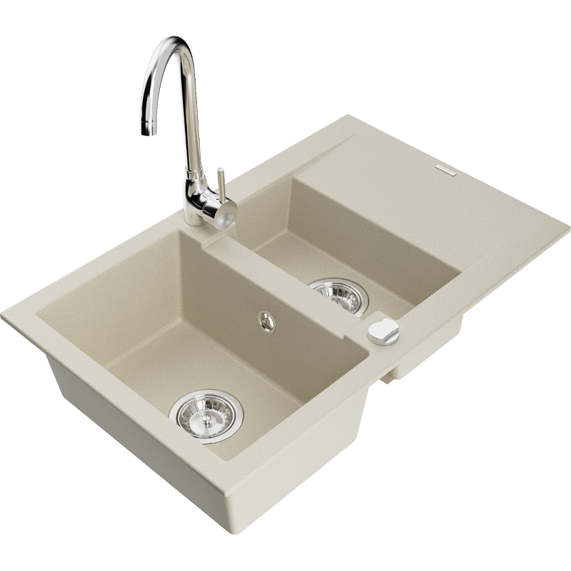 Mexen Gaspar Granitspüle 1,5-Kammer mit Abtropffläche und Küchenarmatur Telma, beige - 6507-69-670200-00