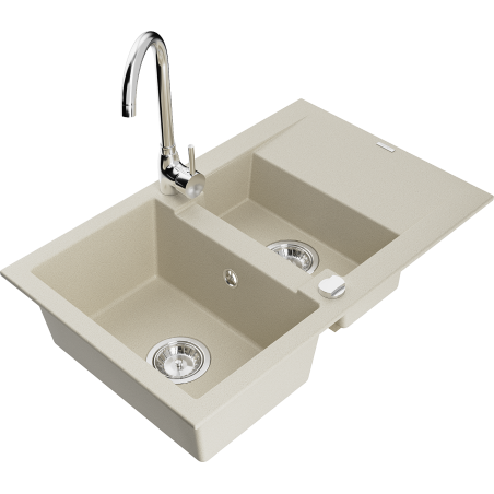 Mexen Gaspar Granitspüle 1,5-Kammer mit Abtropffläche und Küchenarmatur Telma, beige - 6507-69-670200-00
