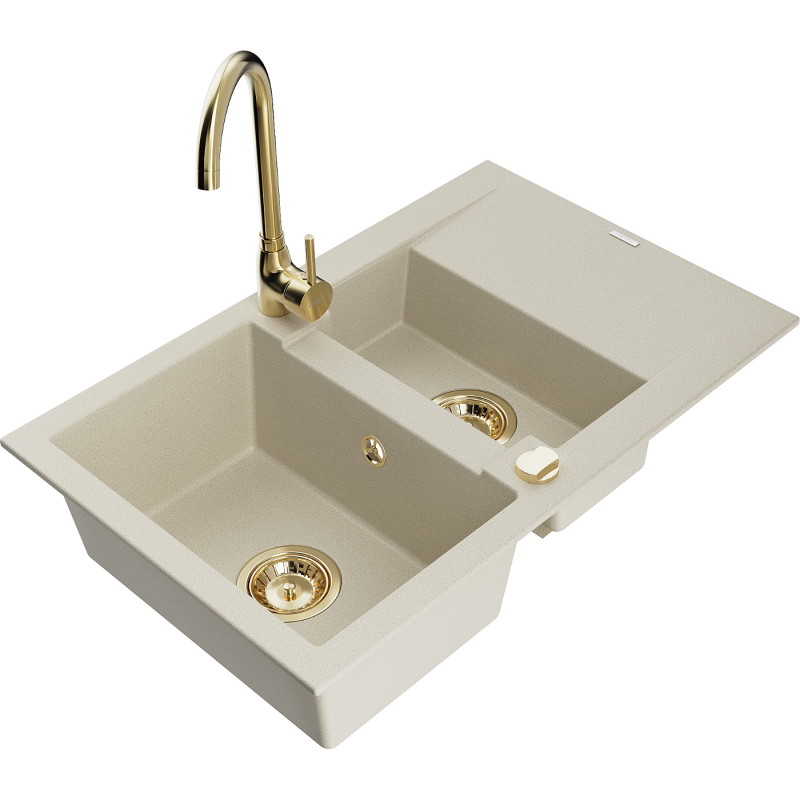 Mexen Gaspar évier en granit 1,5 bac avec égouttoir et robinet de cuisine Telma, beige - 6507-69-670200-50