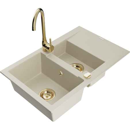 Mexen Gaspar fregadero de granito 1,5 senos con escurridor y grifo de cocina Telma, beige - 6507-69-670200-50